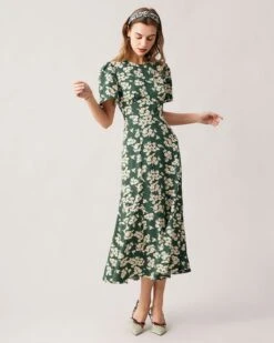 The Green Round Neck Short Sleeve Floral Midi Dress -CINN Clothing Shop the green round neck floral hollow out maxi dress dresses hwfbz8 947219