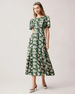 The Green Round Neck Short Sleeve Floral Midi Dress -CINN Clothing Shop the green round neck floral hollow out maxi dress green dresses prje1u 714077