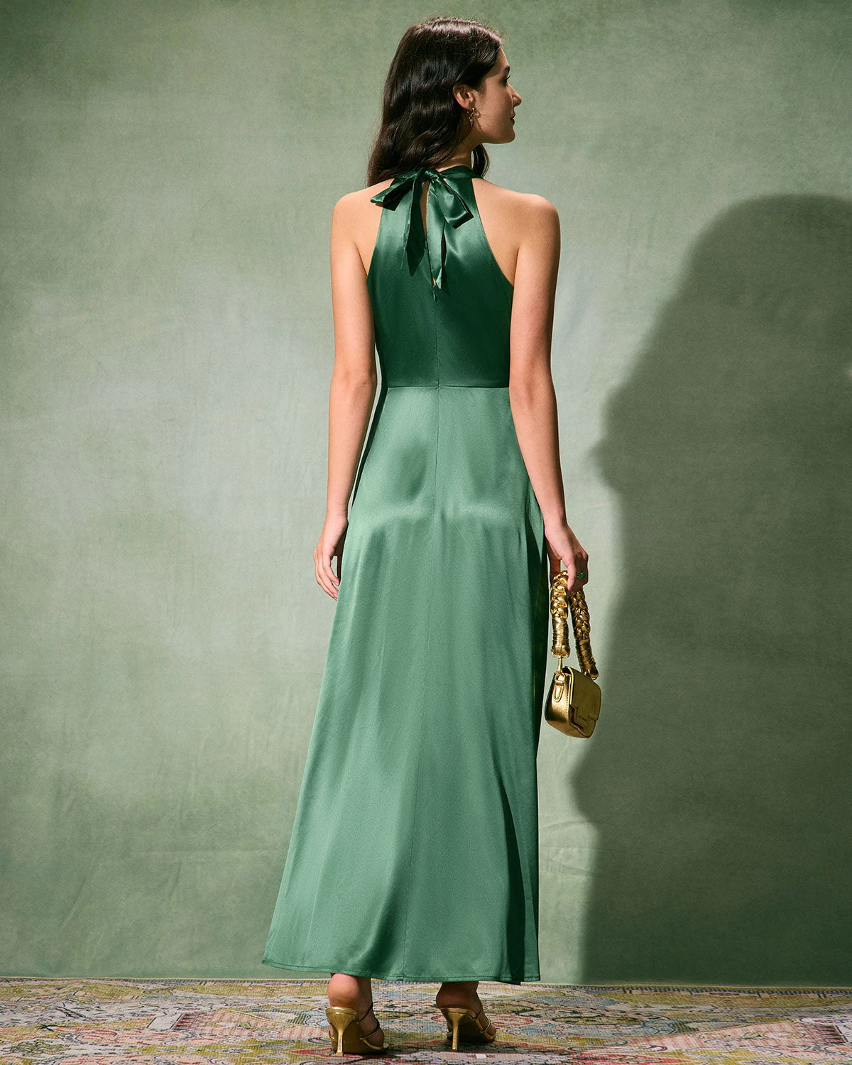 The Green Ruched Satin Maxi Dress 4 The Green Ruched Satin Maxi Dress - Image 4