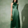 The Green Ruched Satin Maxi Dress