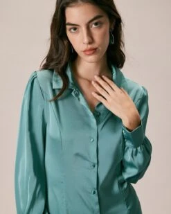 The Green Lapel Button Satin Shirt Mini Dress 10 The Green Lapel Button Satin Shirt Mini Dress -CINN Clothing Shop the green satin shirt mini dress dresses jtw0vw 331924