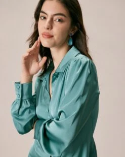 The Green Lapel Button Satin Shirt Mini Dress 9 The Green Lapel Button Satin Shirt Mini Dress -CINN Clothing Shop the green satin shirt mini dress dresses q5w9wi 330481