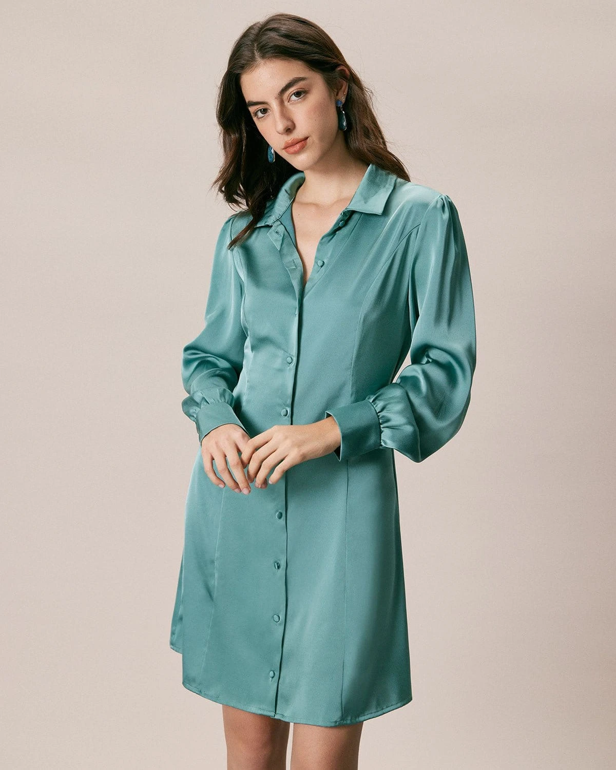 The Green Lapel Button Satin Shirt Mini Dress 1 The Green Lapel Button Satin Shirt Mini Dress