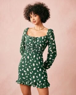 The Green Square Neck Long Sleeve Mini Dress -CINN Clothing Shop the green square neck dress dresses kpauur 189810