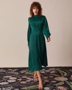 The Green Stand Collar Pleated Satin Midi Dress 8 The Green Stand Collar Pleated Satin Midi Dress -CINN Clothing Shop the green stand pleated satin dress dresses jlly5p 953400