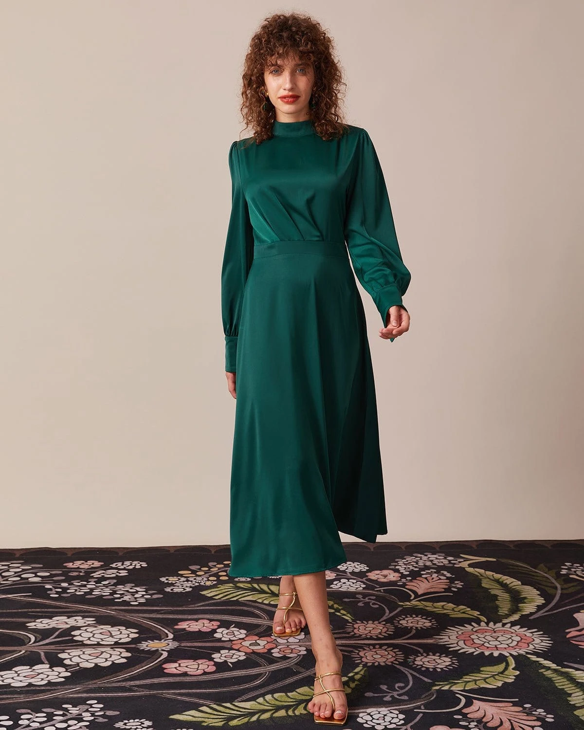 The Green Stand Collar Pleated Satin Midi Dress 3 The Green Stand Collar Pleated Satin Midi Dress - Image 3