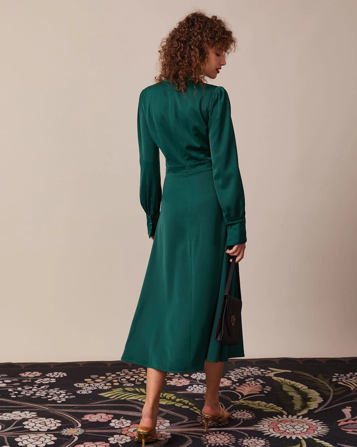 The Green Stand Collar Pleated Satin Midi Dress 6 The Green Stand Collar Pleated Satin Midi Dress - Image 6