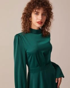 The Green Stand Collar Pleated Satin Midi Dress 9 The Green Stand Collar Pleated Satin Midi Dress -CINN Clothing Shop the green stand pleated satin dress dresses r3dyjn 781362