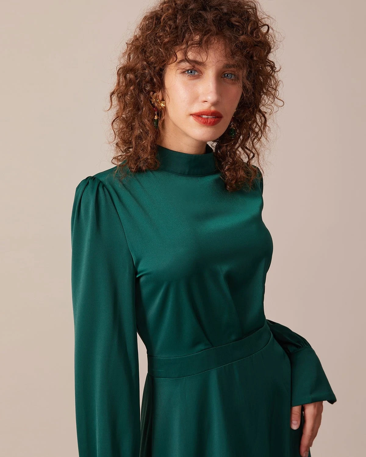 The Green Stand Collar Pleated Satin Midi Dress 4 The Green Stand Collar Pleated Satin Midi Dress - Image 4