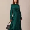 The Green Stand Collar Pleated Satin Midi Dress