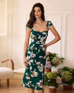 The Green Sweetheart Neck Cap Sleeve Floral Midi Dress