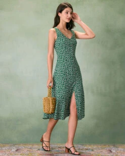 The Green V Neck Floral Button Midi Dress -CINN Clothing Shop the green v neck floral button midi dress dresses iyic6m