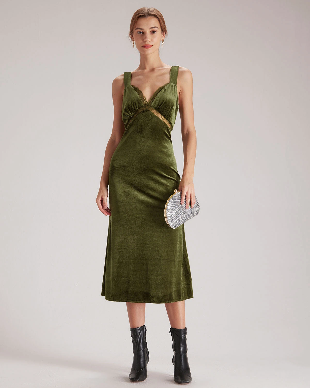 The Green V Neck Cutout Velvet Midi Dress 1 The Green V Neck Cutout Velvet Midi Dress