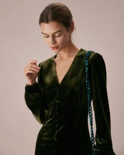 The Green V Neck Button Velvet Midi Dress 8 The Green V Neck Button Velvet Midi Dress -CINN Clothing Shop the green v neck velvet slit dress dresses 0ypfe3