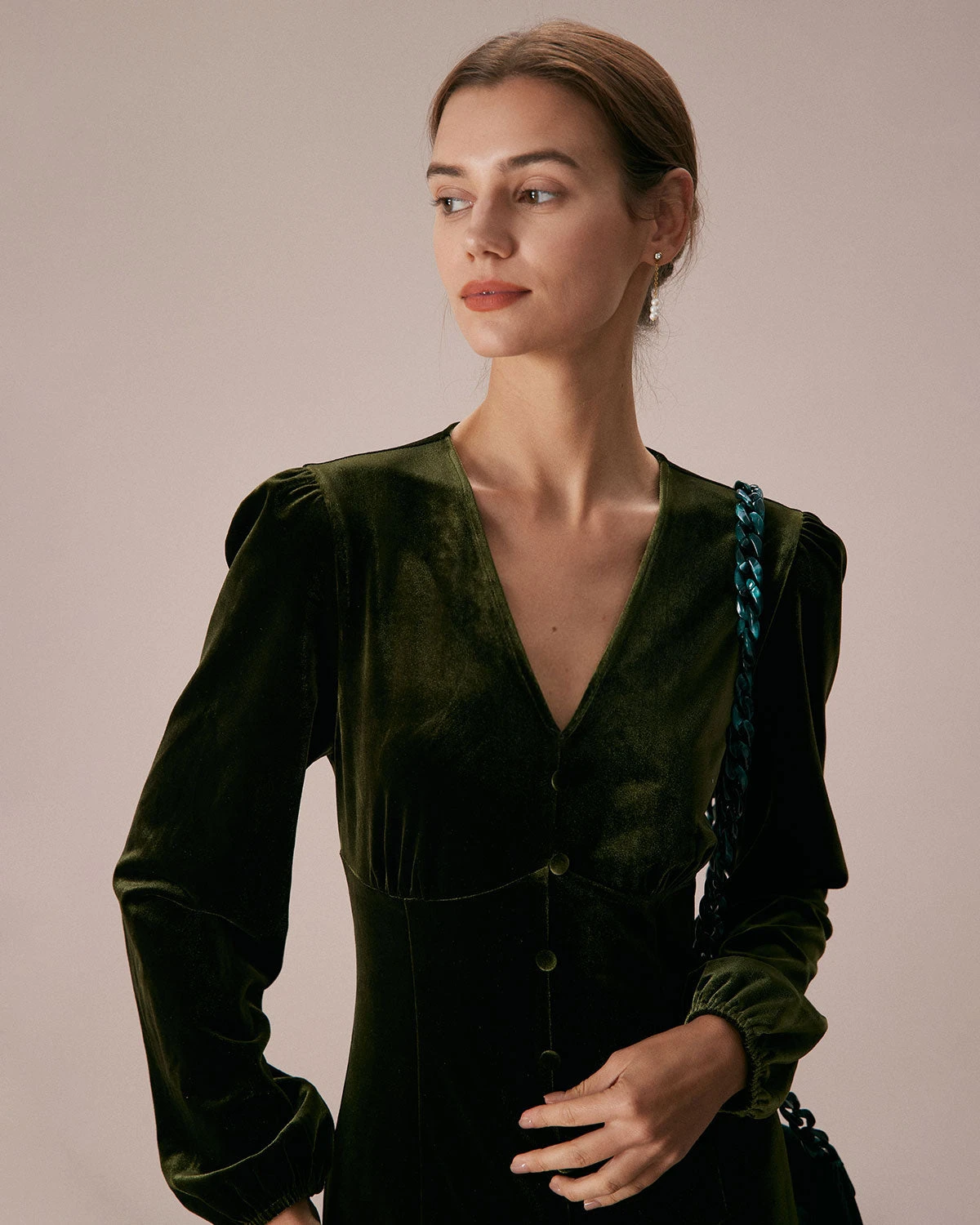 The Green V Neck Button Velvet Midi Dress 3 The Green V Neck Button Velvet Midi Dress - Image 3