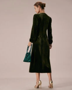 The Green V Neck Button Velvet Midi Dress 9 The Green V Neck Button Velvet Midi Dress -CINN Clothing Shop the green v neck velvet slit dress dresses hs0ftj