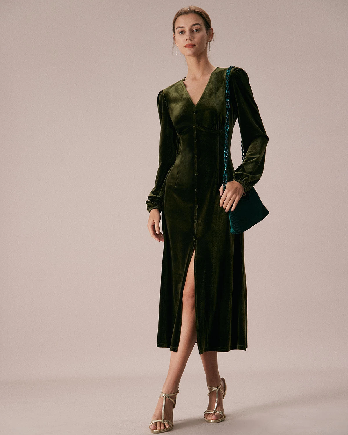 The Green V Neck Button Velvet Midi Dress 1 The Green V Neck Button Velvet Midi Dress