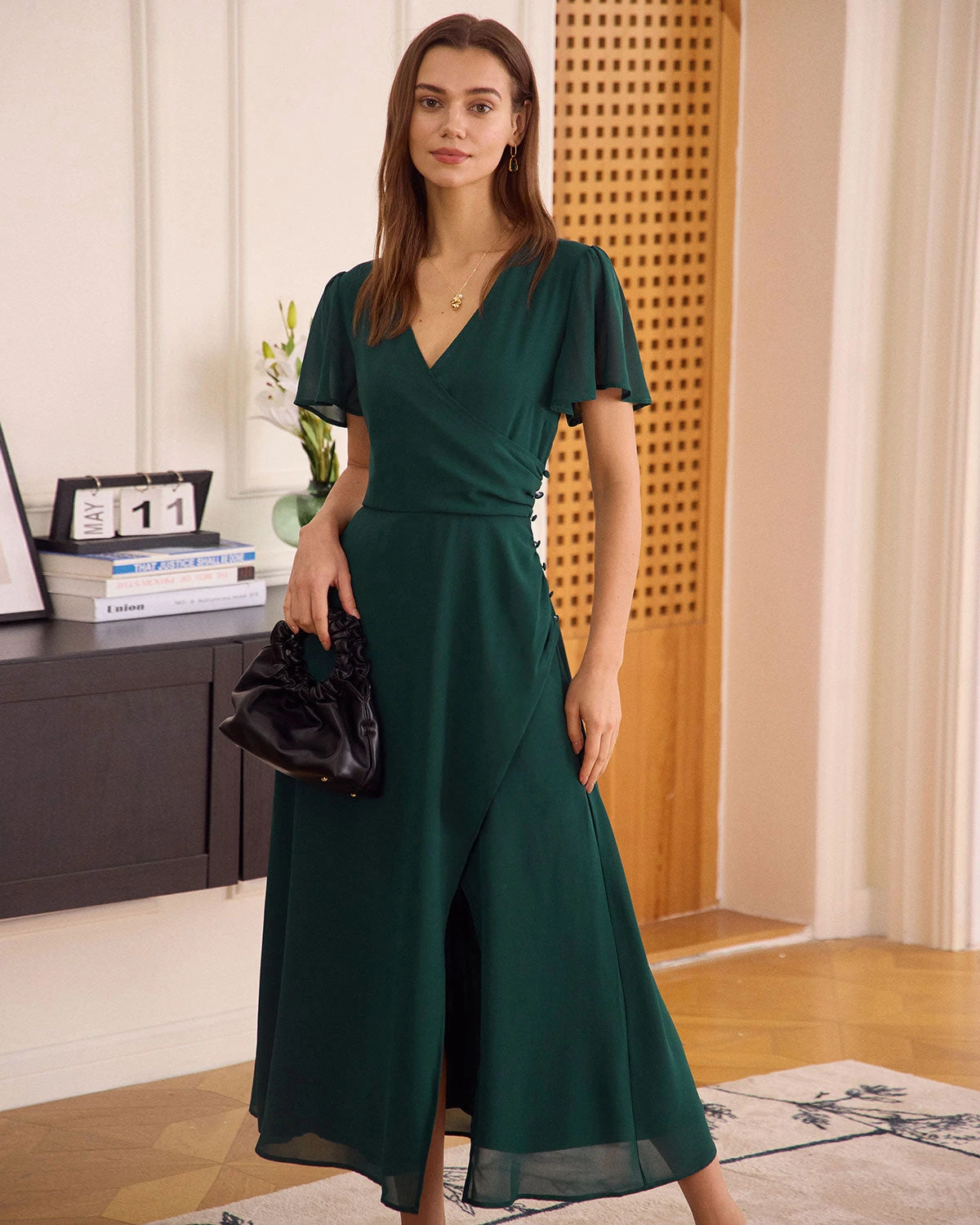The Green V Neck Button Wrap Maxi Dress 1 The Green V Neck Button Wrap Maxi Dress