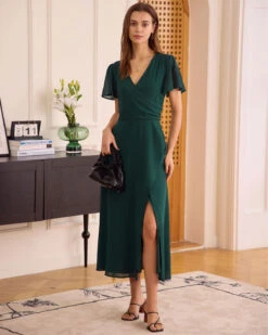 The Green V Neck Button Wrap Maxi Dress 8 The Green V Neck Button Wrap Maxi Dress -CINN Clothing Shop the green v neck wrap button maxi dress green dresses 1x0rty