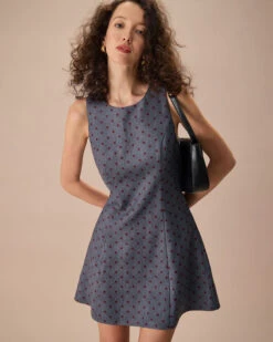 The Grey Round Neck Polka Dot Mini Dress