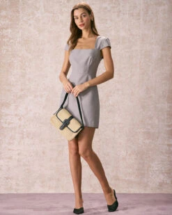 The Grey Square Neck Cap Sleeve Mini Dress -CINN Clothing Shop the grey square neck mini dress dresses geupod