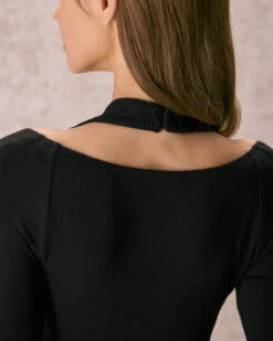 The Black Halter Hollow Out Mini Dress -CINN Clothing Shop the halter long sleeve mini dress dresses g4ivww