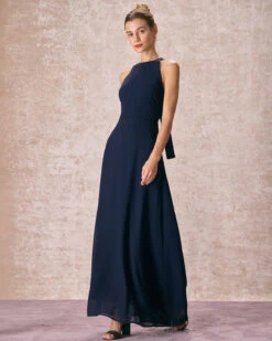 The Navy Halter Bowknot Back Maxi Dress -CINN Clothing Shop the halter neck backless maxi dress dresses ev1pmp