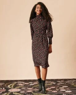 The Mock Neck Floral Long Sleeve Midi Dress 10 The Mock Neck Floral Long Sleeve Midi Dress -CINN Clothing Shop the heart print shirred midi dress dresses j3si12