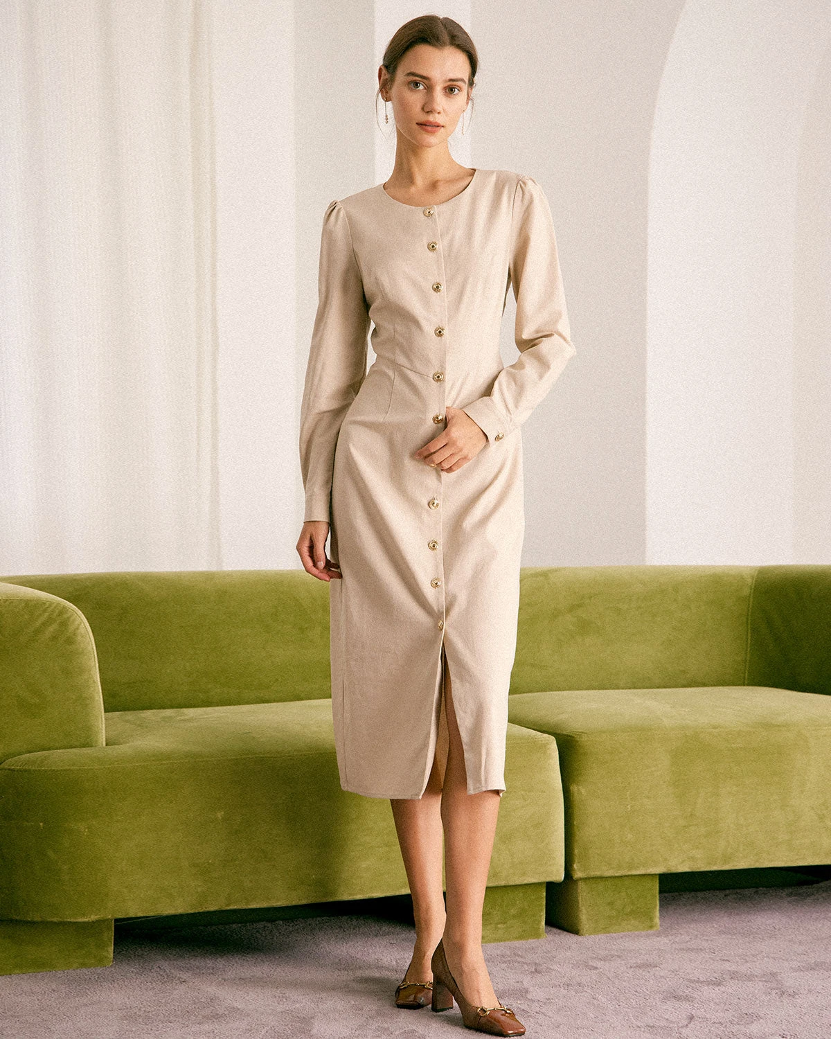 The Khaki Round Neck Button Up Midi Dress 5 The Khaki Round Neck Button Up Midi Dress - Image 5