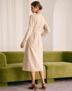 The Khaki Round Neck Button Up Midi Dress 11 The Khaki Round Neck Button Up Midi Dress -CINN Clothing Shop the khaki round neck solid midi dress dresses so1rea