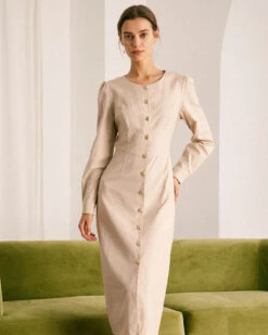 The Khaki Round Neck Button Up Midi Dress 9 The Khaki Round Neck Button Up Midi Dress -CINN Clothing Shop the khaki round neck solid midi dress dresses zcjf7t