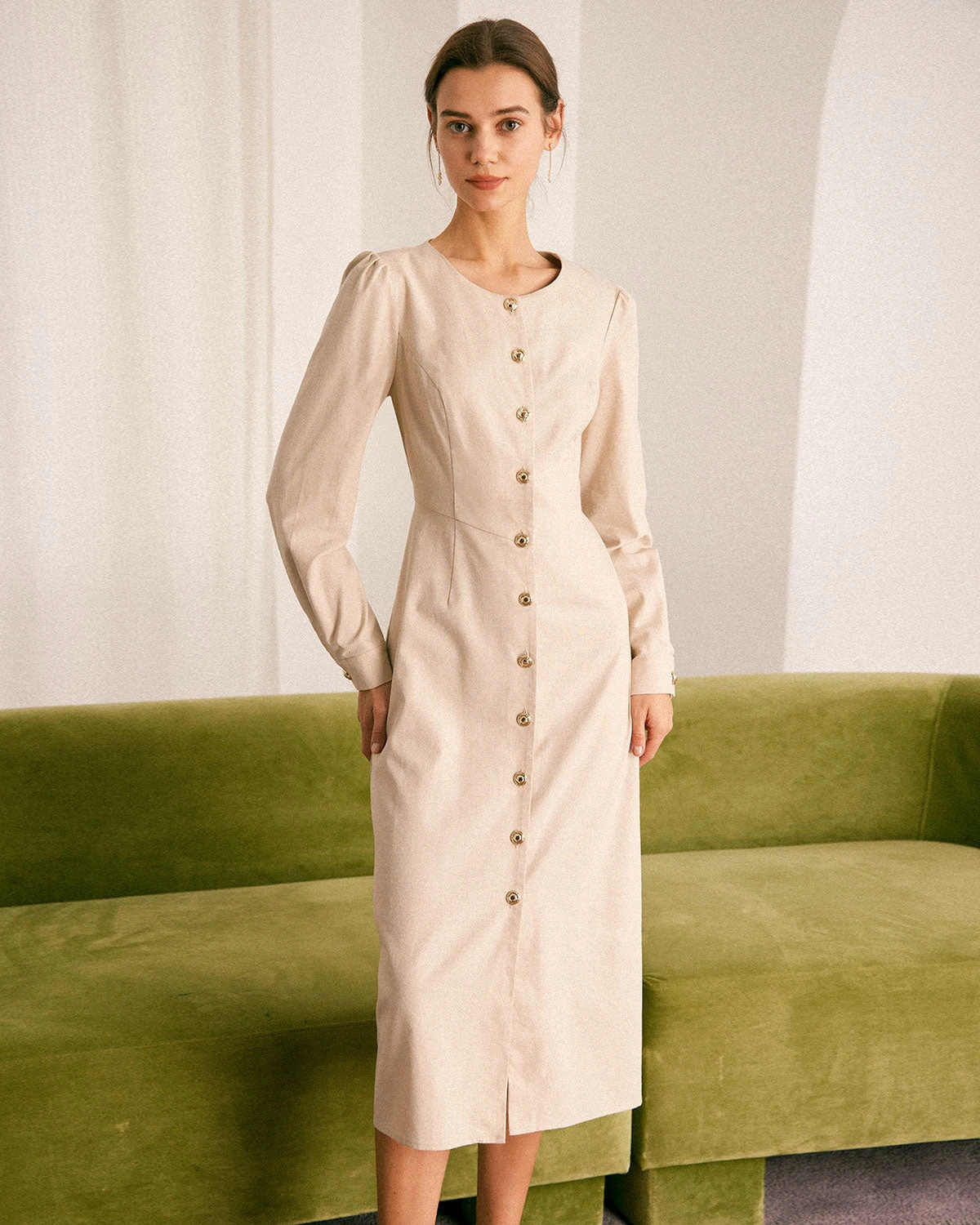 The Khaki Round Neck Button Up Midi Dress 1 The Khaki Round Neck Button Up Midi Dress