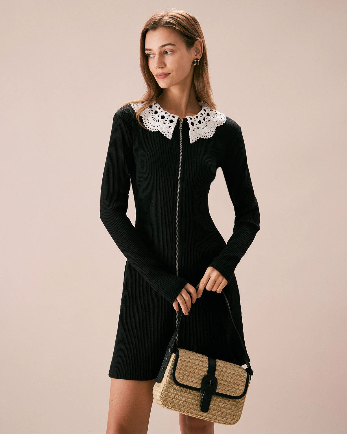 The Black Lace Collar Ribbed Mini Dress 3 The Black Lace Collar Ribbed Mini Dress - Image 3