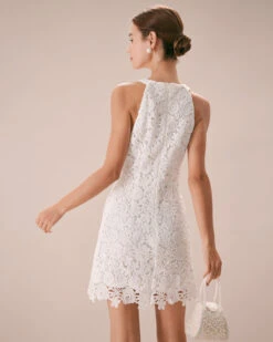 The White Halter Lace Sheath Mini Dress -CINN Clothing Shop the lace halter mini dress dresses dr2flg