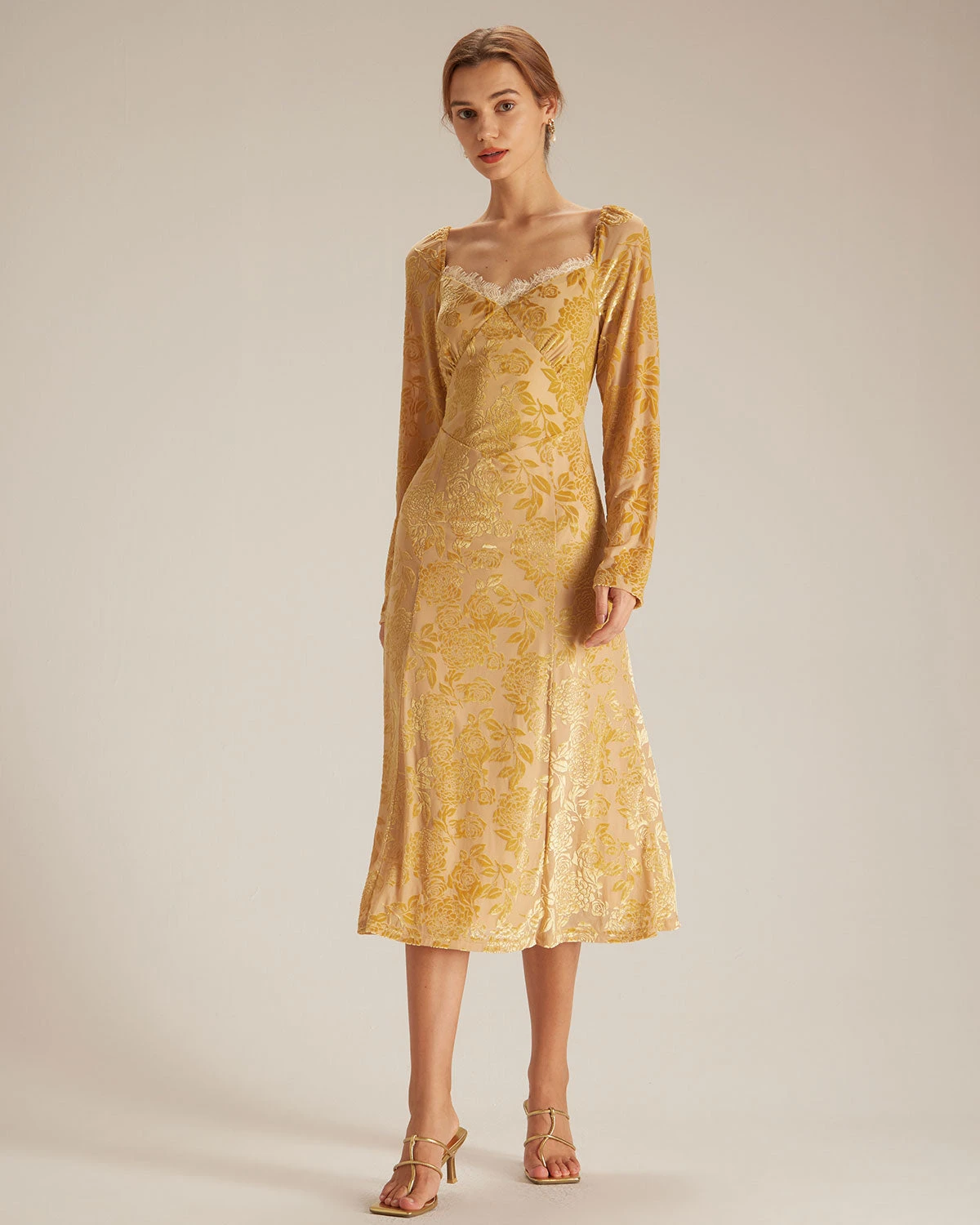 The Yellow Lace Trim Floral Burnout Midi Dress 1 The Yellow Lace Trim Floral Burnout Midi Dress