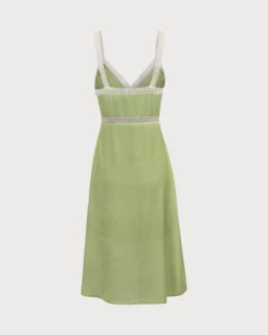 The Green V-Neck Lace Trim Satin Midi Dress -CINN Clothing Shop the lace trim striped dress dresses nbw7ak