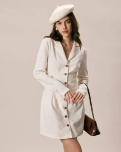 The Beige Lapel Button A Line Mini Dress -CINN Clothing Shop the lapel button up long sleeve dress dresses drxbjv