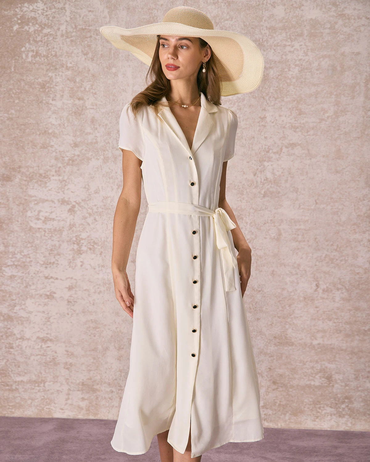 The Beige Lapel Collar Belted Shirt Midi Dress 4 The Beige Lapel Collar Belted Shirt Midi Dress - Image 4