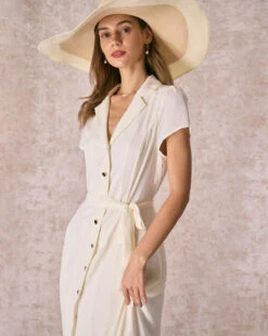 The Beige Lapel Collar Belted Shirt Midi Dress 10 The Beige Lapel Collar Belted Shirt Midi Dress -CINN Clothing Shop the lapel collar belted shirt dress dresses acvnkt