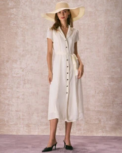 The Beige Lapel Collar Belted Shirt Midi Dress 12 The Beige Lapel Collar Belted Shirt Midi Dress -CINN Clothing Shop the lapel collar belted shirt dress dresses jtdmdo