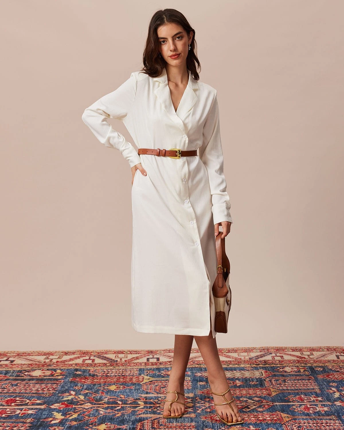 The Beige Lapel Long Sleeve Shirt Midi Dress 4 The Beige Lapel Long Sleeve Shirt Midi Dress - Image 4