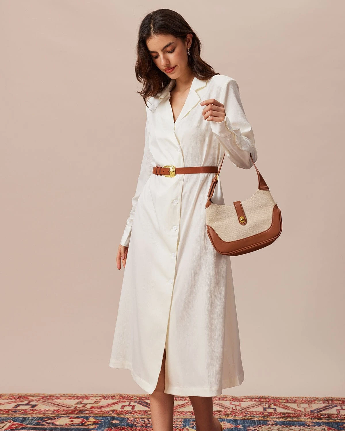 The Beige Lapel Long Sleeve Shirt Midi Dress 3 The Beige Lapel Long Sleeve Shirt Midi Dress - Image 3