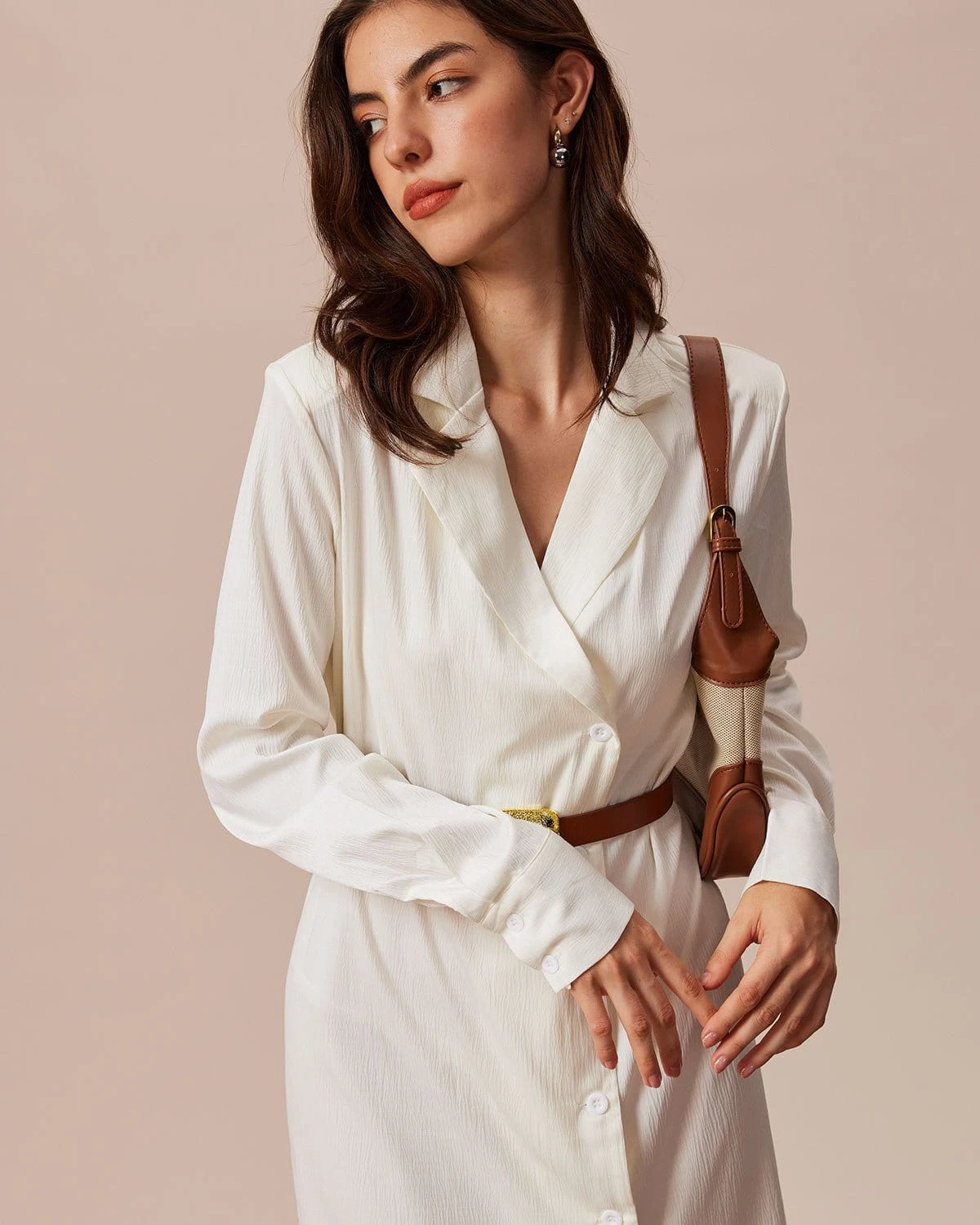 The Beige Lapel Long Sleeve Shirt Midi Dress 2 The Beige Lapel Long Sleeve Shirt Midi Dress - Image 2