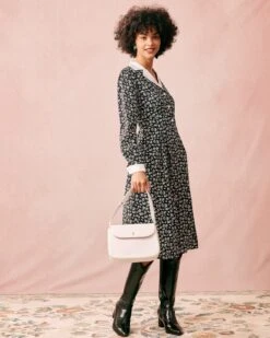 The Collared Patchwork Long Sleeve Midi Dress -CINN Clothing Shop the lapel patchwork midi dress dresses c16ayl 789069