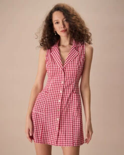 The Lapel Plaid Sleeveless Cotton Mini Dress