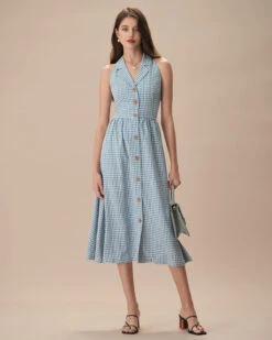 The Blue Lapel Plaid Sleeveless Shirt Midi Dress 7 The Blue Lapel Plaid Sleeveless Shirt Midi Dress -CINN Clothing Shop the lapel plaid sleeveless shirt midi dress dresses c68fkg