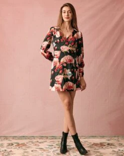 The V Neck Long Sleeve Floral Wrap Mini Dress 8 The V Neck Long Sleeve Floral Wrap Mini Dress -CINN Clothing Shop the large floral print wrap mini dress dresses igih8w 531108