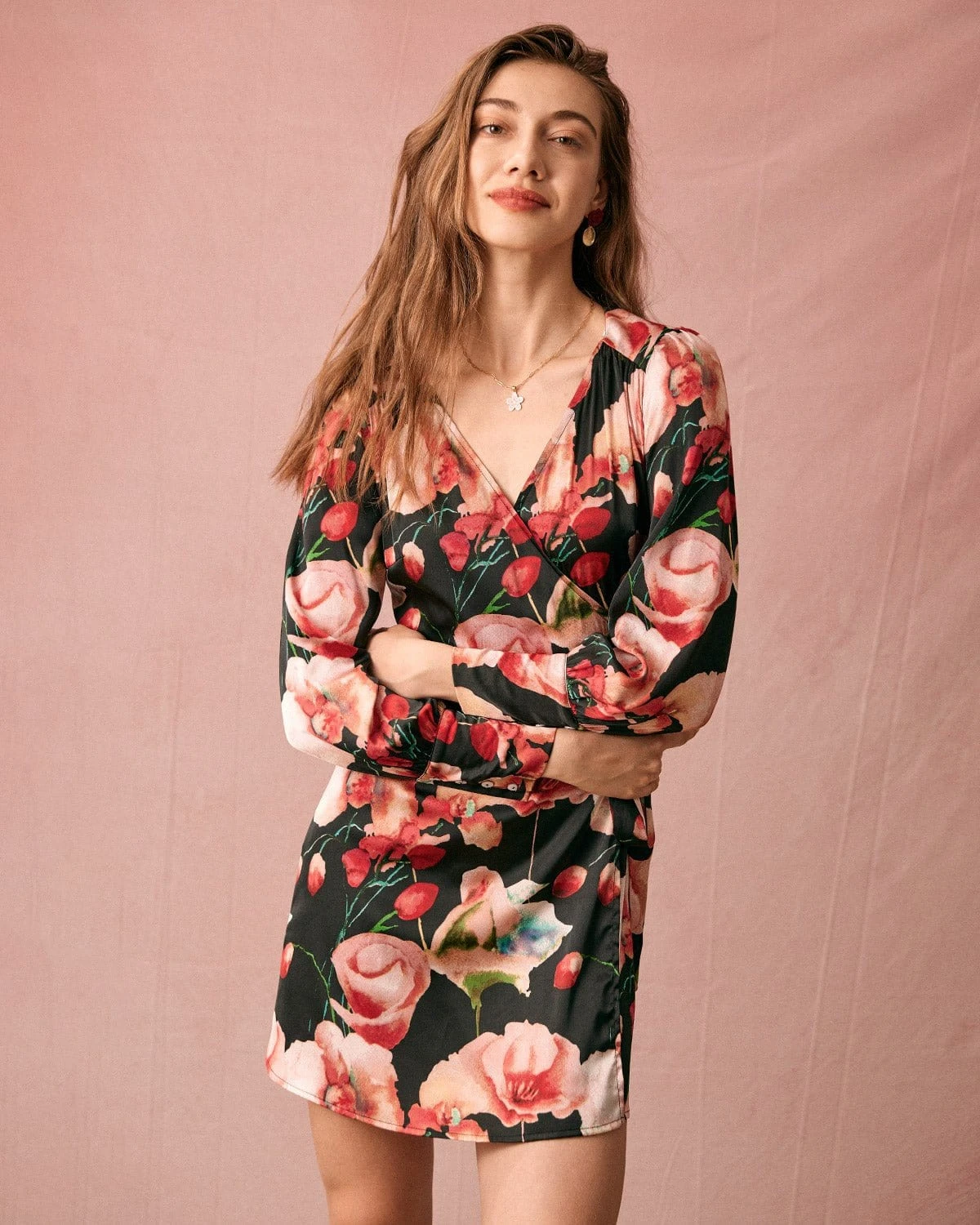 The V Neck Long Sleeve Floral Wrap Mini Dress 1 The V Neck Long Sleeve Floral Wrap Mini Dress