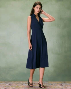 The Navy Collared Ruched Sleeveless Midi Dress -CINN Clothing Shop the navy collared ruched midi dress dresses euytbj