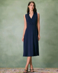 The Navy Collared Ruched Sleeveless Midi Dress -CINN Clothing Shop the navy collared ruched midi dress dresses vv3znn